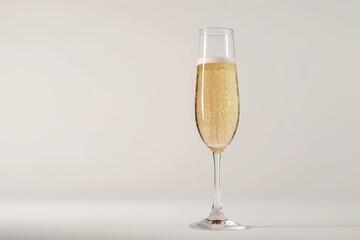 A champagne flute filled with bubbly champagne against an off-white background