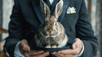 magician in a black suit holds hat with rabbit