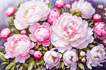  Beautiful bouquet of several white and pink blooming peonies and buds in drops of morning dew, top view
