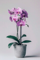 an orchid in the pot on the grey background, flowering greenhouse plant concept