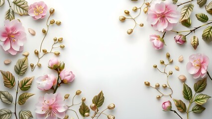 Elegant White Paper with Pink Flowers, Golden Buds, Green Leaves, and Gold Veins. Concept Elegant Paper Crafts, Floral Decor, Nature-inspired Designs, Gold Accents, Paper Artistry