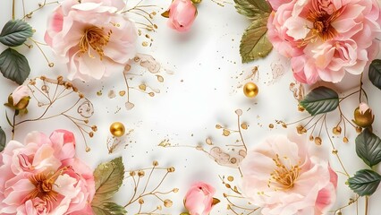 Elegant White Paper with Pink Flowers and Golden Accents. Concept Elegant Decor, White Paper, Pink Flowers, Golden Accents