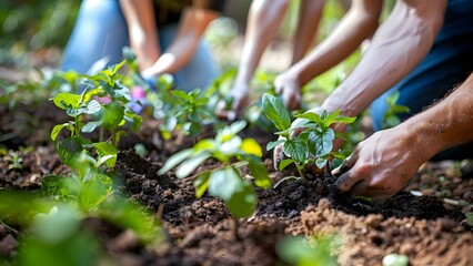 Group planting seedlings in soil for morning reforestation project. Concept Reforestation, Group Activity, Planting Seedlings, Environmental Conservation, Morning Project