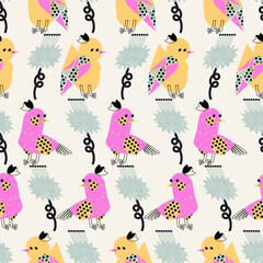 Seamless pattern with exotic tropical birds and flowers in simple style. Cute vector design, background, print