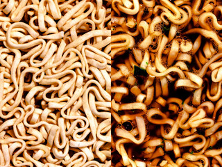 Multiple image of raw and cooked ramen noodles