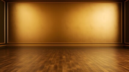 Gold Wall with wooden Flooring. Empty Room for Product Presentation