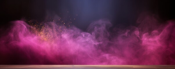 Magenta smoke empty scene background with spotlights mist fog with gold glitter sparkle stage studio interior texture for display products blank 
