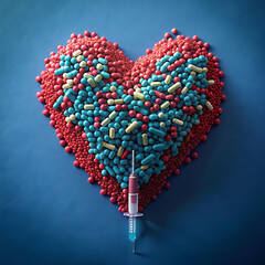 Set of pills and needles around it and heart 