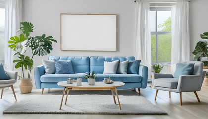 a spacious modern living room with a large, plush blue sofa and a big white mockup frame on the wall above it. Include a shaggy grey rug on the floor and a sleek glass coffee table.