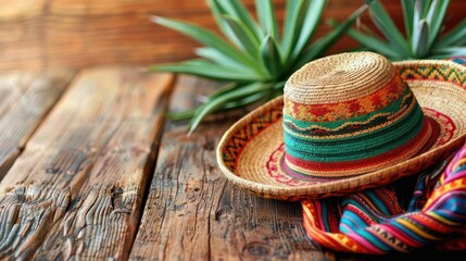 Vibrant Mexican Sombreros and Hats on Wooden Table Against Rustic Wall