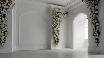 Fototapeta premium Generative AI of white room with arch and flowers