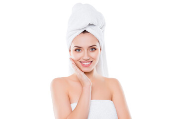 Portrait of cute sexy woman after shower with towel on head touching enjoying perfect soft face skin isolated on white background. Wellbeing mask lotion scrub hydration complexion concept