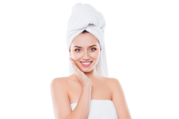 Portrait of cute sexy woman after shower with towel on head touching enjoying perfect soft face skin isolated on white background. Wellbeing mask lotion scrub hydration complexion concept
