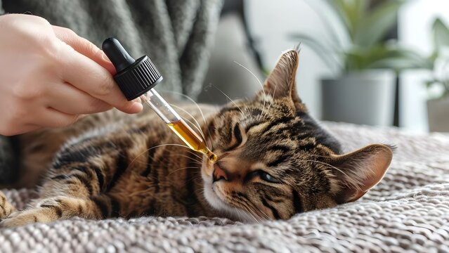 Cat receiving anxiety treatment with CBD hemp oil dropper for pets. Concept Anxiety Management for Pets, CBD Hemp Oil for Cats, Pet Wellness, Calming Treatments, Natural Remedies