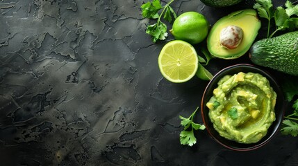 Fresh guacamole in a bowl with slices of lime and whole avocados around it