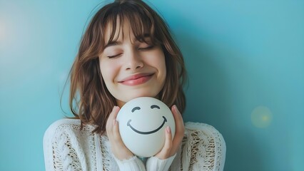 A woman holding a smiling sphere symbolizing positive mental health awareness. Concept Mental Health Awareness, Positive Emotions, Sphere Prop, Female Model, Smiling Portrait