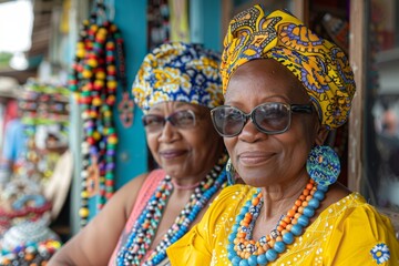 Elderly African women in vibrant traditional attire stand proudly in front of a bead shop.