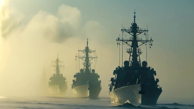 Several ships sail gracefully on the expansive body of water, creating a captivating scene, A row of large, imposing navy destroyers in stark contrast with a peaceful, cloudless sky