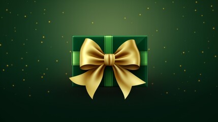 Gift box, shiny gold stars, sparkling gold glitter on green background. New year, Christmas, Valentine's day concept of greetings. Copy text.