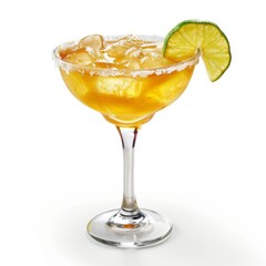 A glass filled with a margarita drink and a fresh lime slice on the rim