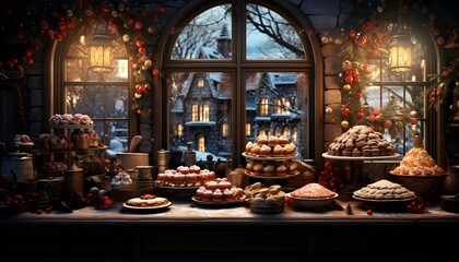 Pastry shop window with christmas decoration. Panoramic photo.