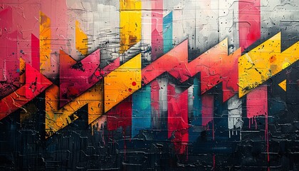 Create an Abstract Art representation of Financial Trends using vivid acrylic colors and dynamic brush strokes, merging chaotic patterns with elements like currency symbols and arrows, a visual metaph