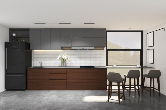 3d rendering illustration of interior design pantry with breaksfast table, chair and frame mock up. dark wood and gray duco cabinet, cement floor and white ceiling. Set 4
