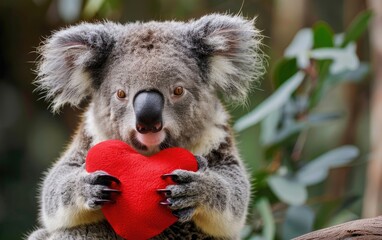 A Koala Holds a Stuffed Red Heart Shape Tightly, Generative ai.