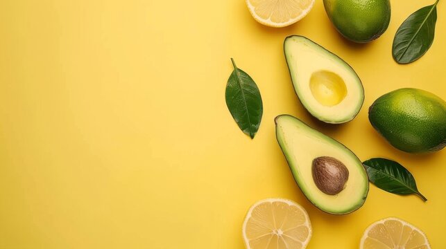 Fresh limes, avocados, and lemon slices arranged on a bright yellow surface