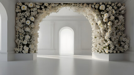 Generative AI of white room with arch and flowers