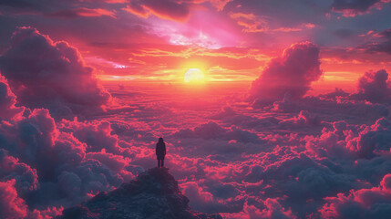 A Person Standing on a Cliff Watching a Setting Sun Cast a Pink Hue on a Vast Cloudscape