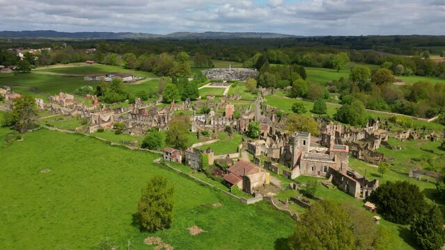 Ruins of Oradour-sur-Glane old village, Haute-Vienne department, New Aquitaine in France. Aerial drone panoramic view