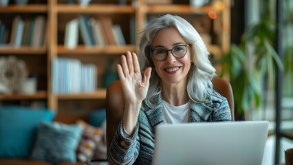 Teaching Online: Middle-aged Woman Smiling and Waving in Video Conference. Concept Online Learning, Digital Skills, Video Conference Tips, Remote Teaching Strategies