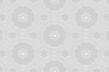 Embossed white background, tribal vintage cover design. Geometric floral 3D pattern. Handmade, doodling, ornaments. Ethnic style, traditions of the East, Asia, India, Mexico, Aztec, Peru.