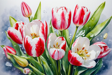  Beautiful bouquet of several white, pink and red blooming tulips and buds in drops of morning dew, top view