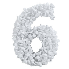 Alphabet made of white pills, number 6
