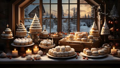 Christmas and New Year holidays background. Decorated Christmas tree, gingerbread cookies, candles on a wooden table in front of window.