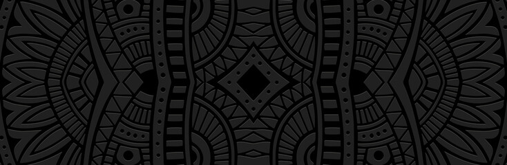 Banner, tribal cover design. Relief geometric 3D pattern on a black background. Decorative ornaments, handmade, doodling. Ethnic style, traditions of the East, Asia, India, Mexico, Aztec, Peru. 