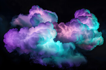 Dreamy neon cloud formations with lavender and mint glowing shades. Whimsical art on black background.