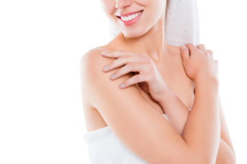 Close up half face cropped portrait of smiling woman's crossed hands touching shoulders enjoying smooth skin after cream shower isolated on white background