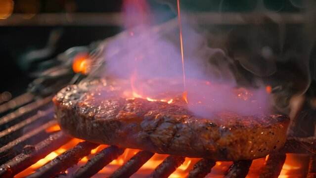 A steak sizzles on a grill as vivid flames lick the meat, creating a tantalizing charred crust, A sizzling steak on a barbecue grill with a smoky background