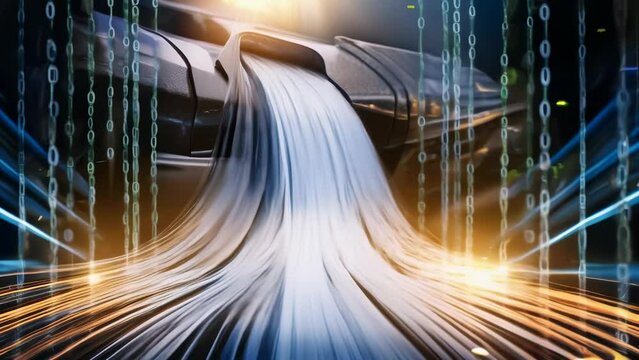Futuristic digital tunnel with streams of binary code cascading down the walls. Golden light flows through the center, symbolizing the rapid transmission and processing of data.