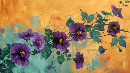 purple flowers on a green branch pattern illustration poster background