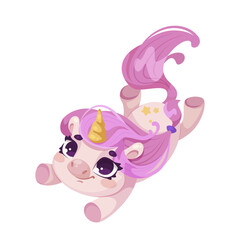 A whimsical pink unicorn character with a golden horn, floating upside down, on a white background, Vector illustration. Vector illustration