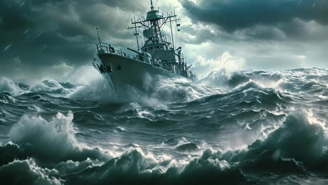 A ship resiliently navigates through the violent waves of a stormy ocean, A small but sturdy naval frigate moving in convoy through rough stormy seas