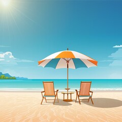 beach chairs and umbrella,beach banner a peaceful seascape with soft white sands chairs and a colorful umbrella, the tranquility of travel and tourism wide panoramic vista.