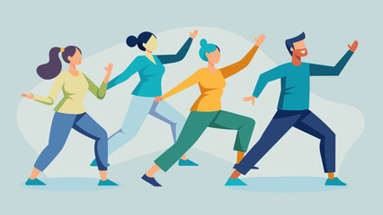 A tai chi class focused on slow and graceful movements to aid in balance flexibility and physical rehabilitation.. Vector illustration