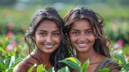 two beautiful woman smiling at tea agriculture field