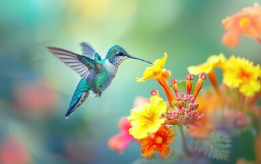 The Long Tailed Sylph Hummingbird in Yellow and Orange, Generative ai.