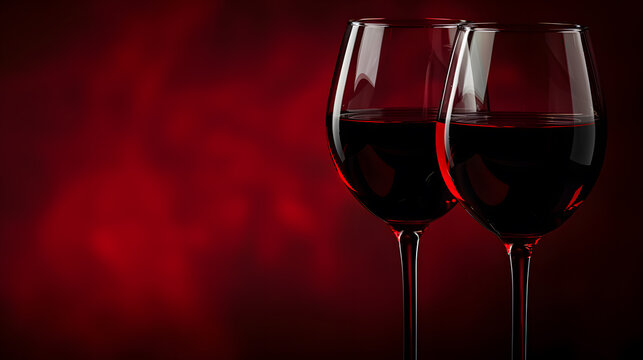Two glasses of red wine on a dark red background with copy space
